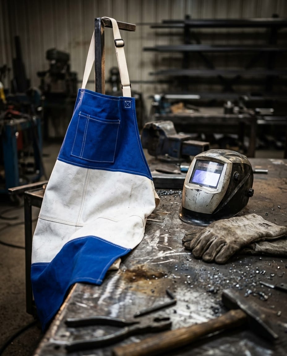 Black Stallion blue and white welding apron with welding helmet and gloves on a metal workbench