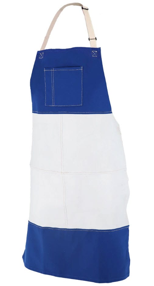 Black Stallion blue and white canvas apron with neck strap and chest pocket