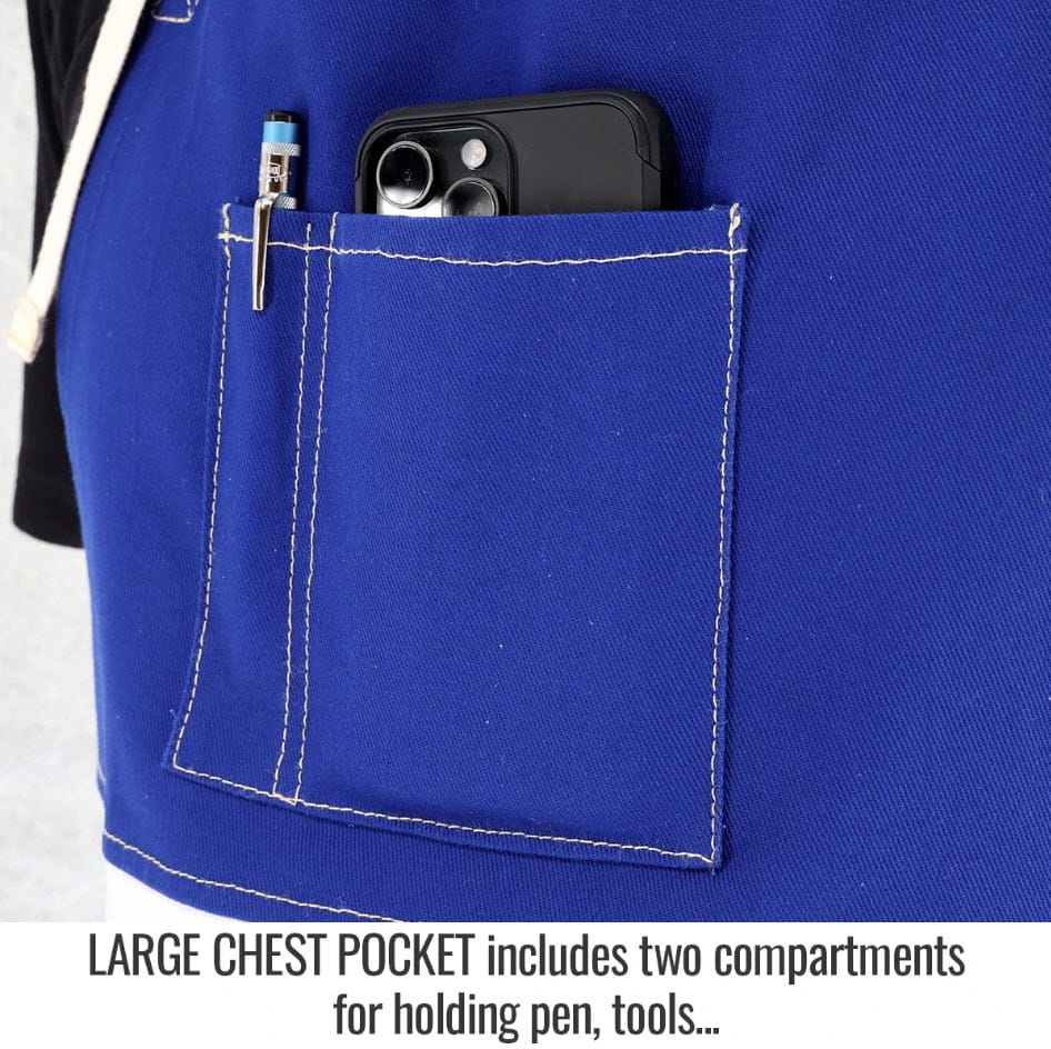 Black Stallion blue apron chest pocket with pen and smartphone