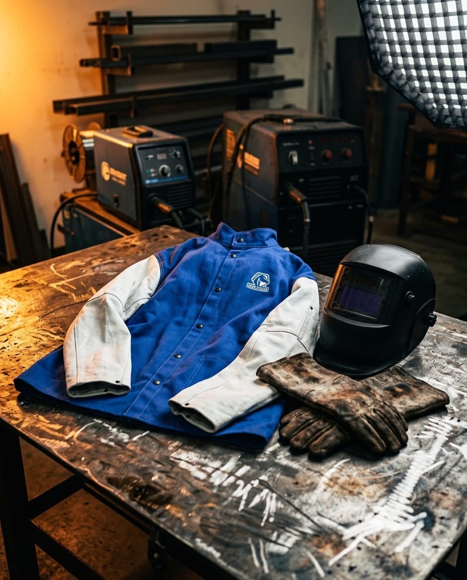 Black Stallion welding jacket with leather sleeves welding helmet and gloves on a workshop table