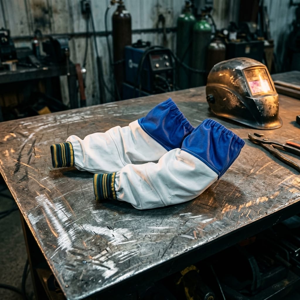 Black Stallion white and blue leather welding sleeves on a metal workbench