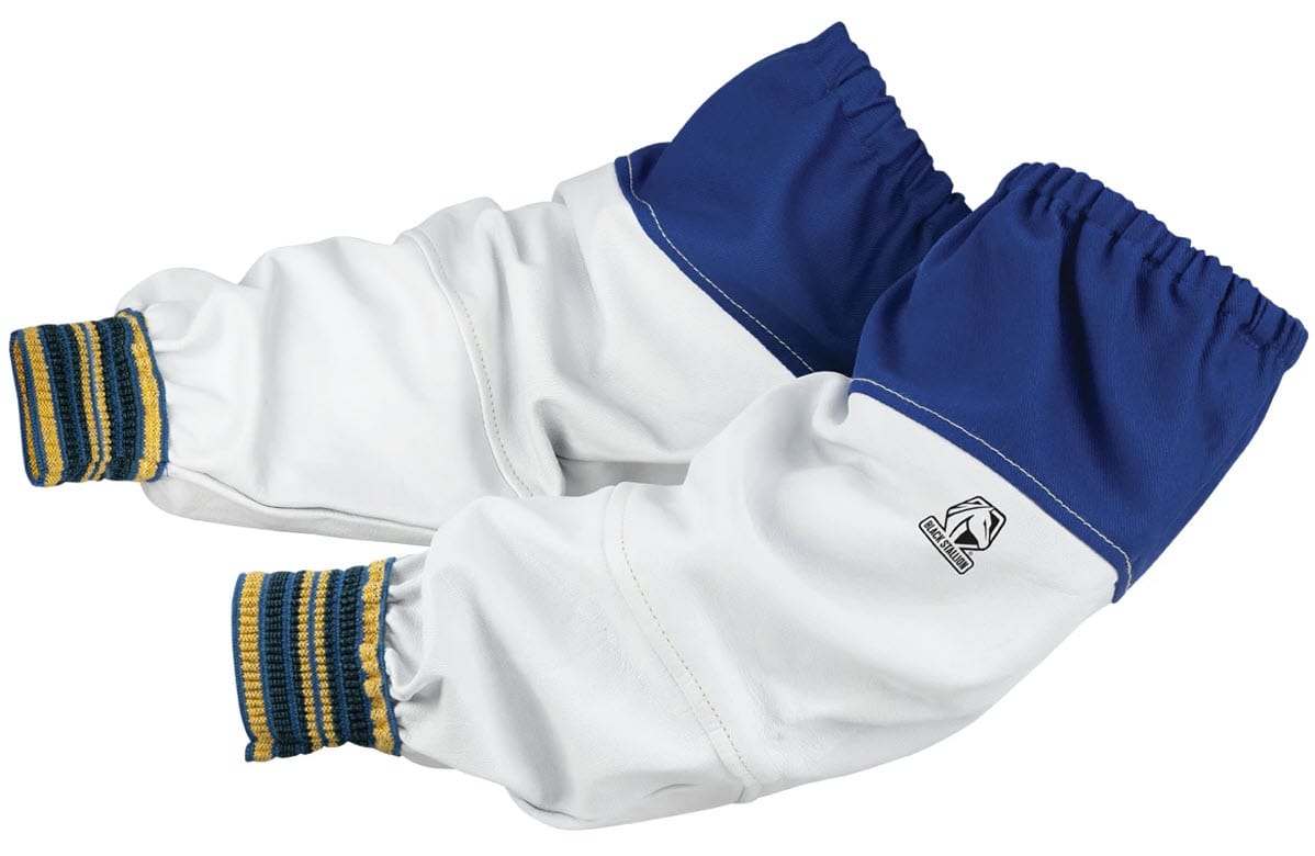 Black Stallion white and blue protective arm sleeves with striped cuffs