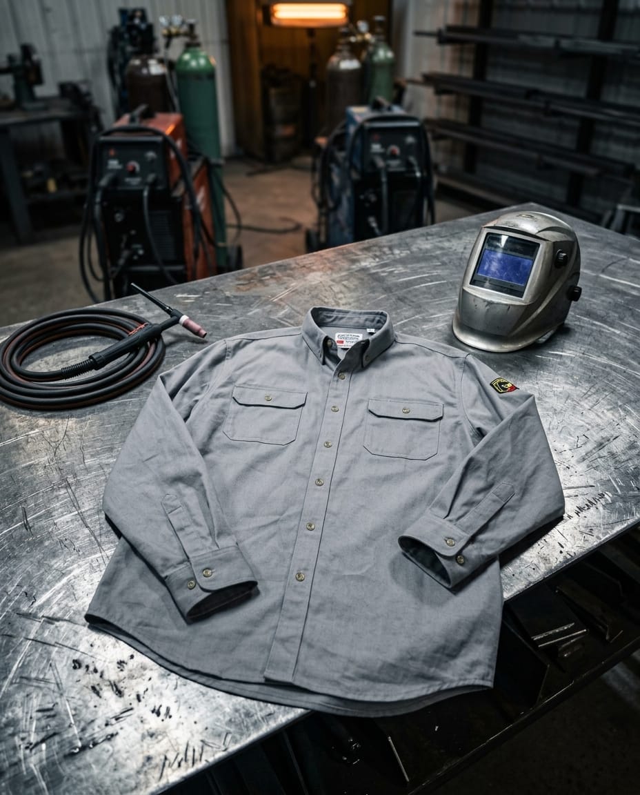 Black Stallion grey button down work shirt on a metal welding table with a welding helmet and torch