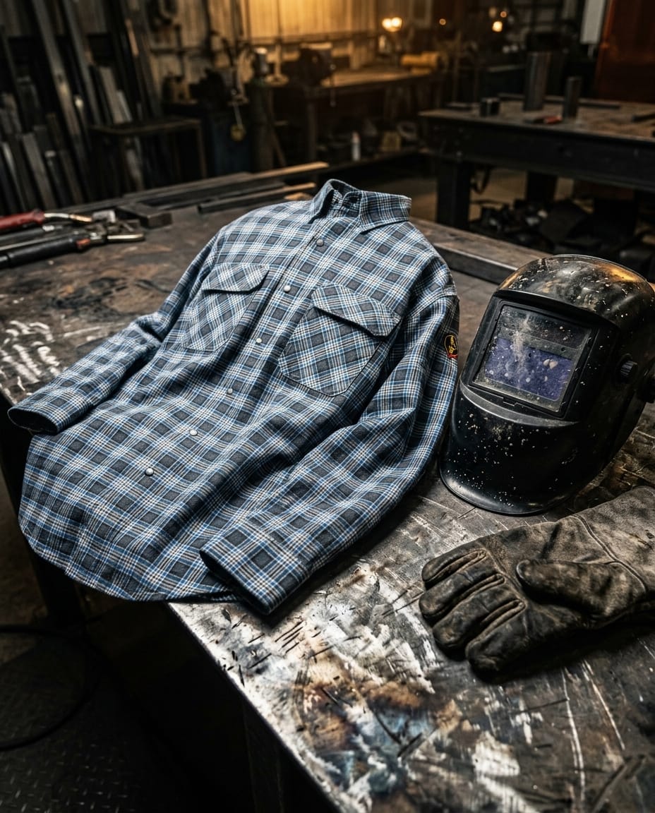 Black Stallion blue plaid long sleeve shirt with welding helmet and leather gloves on a workbench