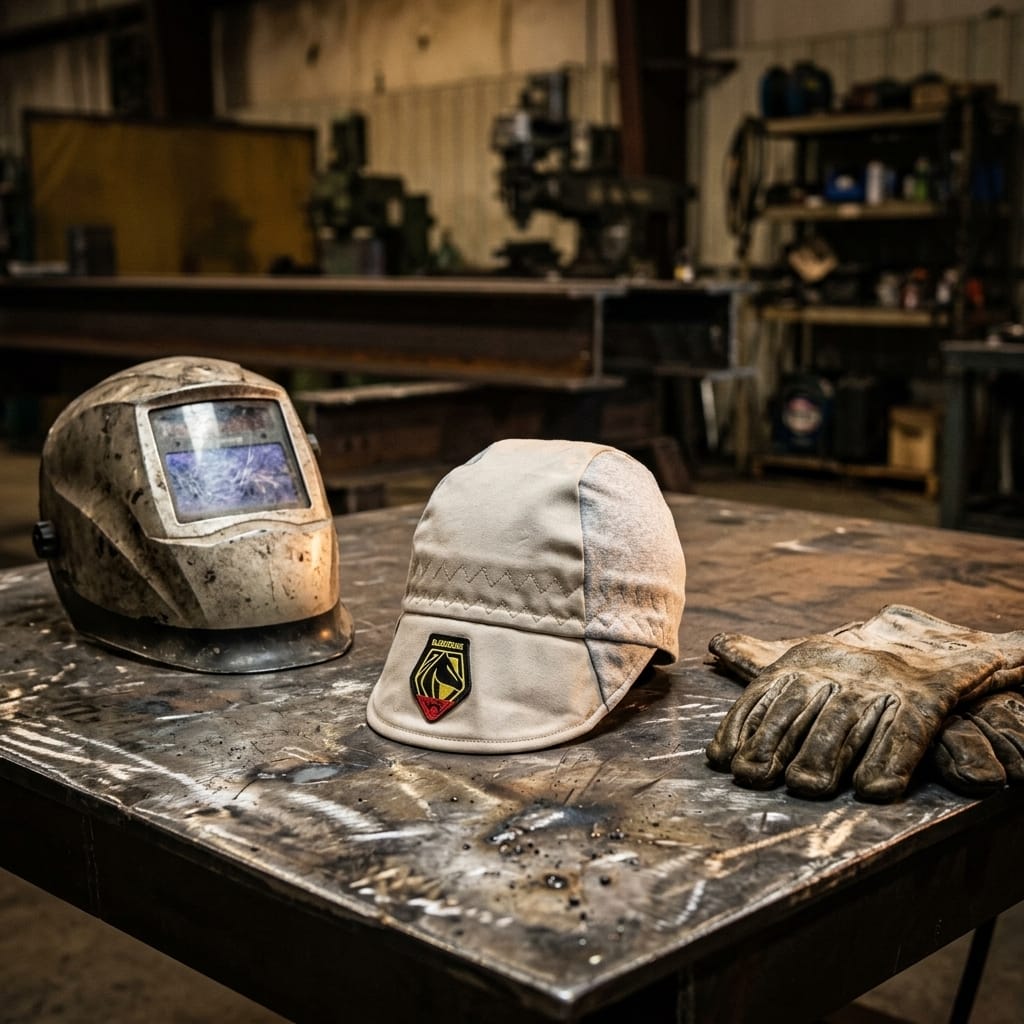 Black Stallion welding cap with welding helmet and leather gloves on a metal workbench