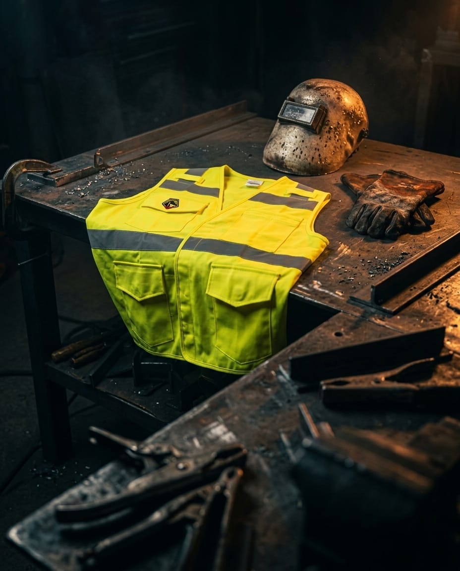Black Stallion high visibility safety vest on a metal workbench with a welding helmet and gloves