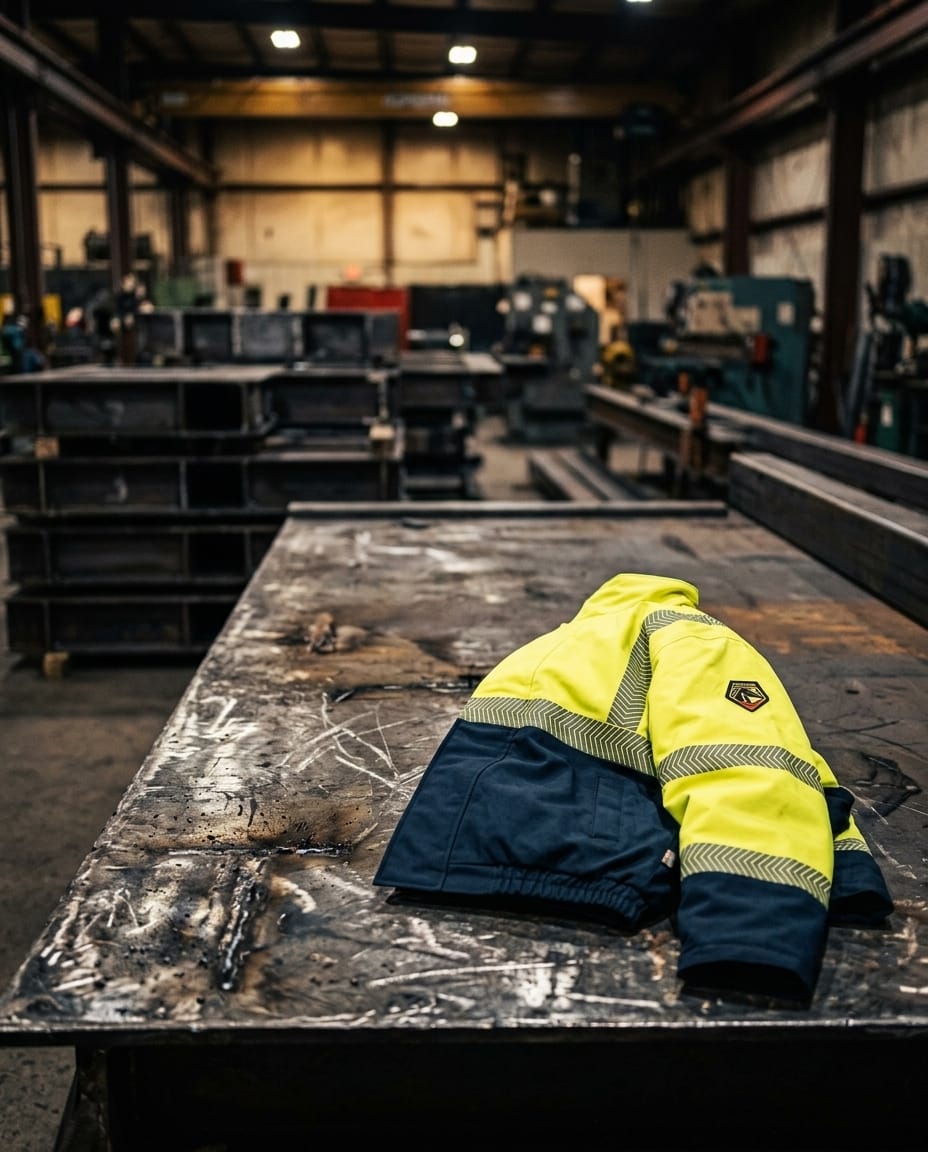 Black Stallion high visibility jacket on a metal workbench in a factory