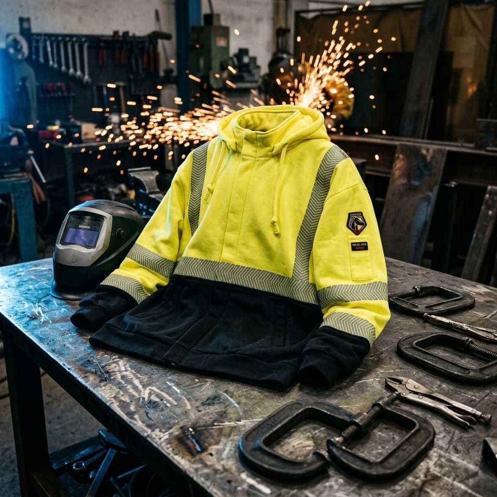Black Stallion high visibility yellow and black hooded work jacket on a metal workbench