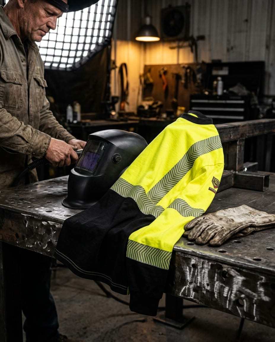 Black Stallion high visibility long sleeve shirt with reflective stripes on a welding table