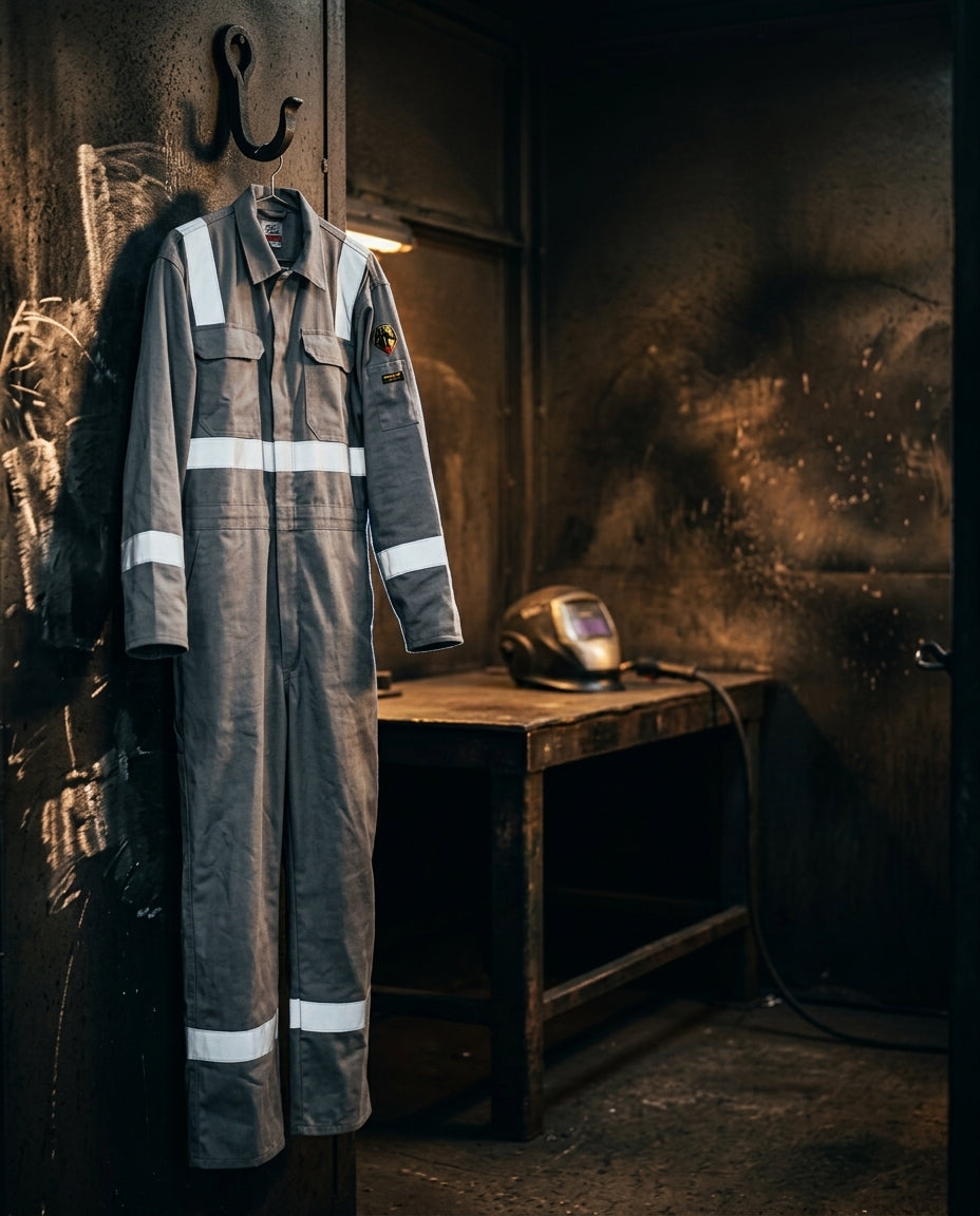 Black Stallion grey coveralls with reflective strips hanging in a workshop