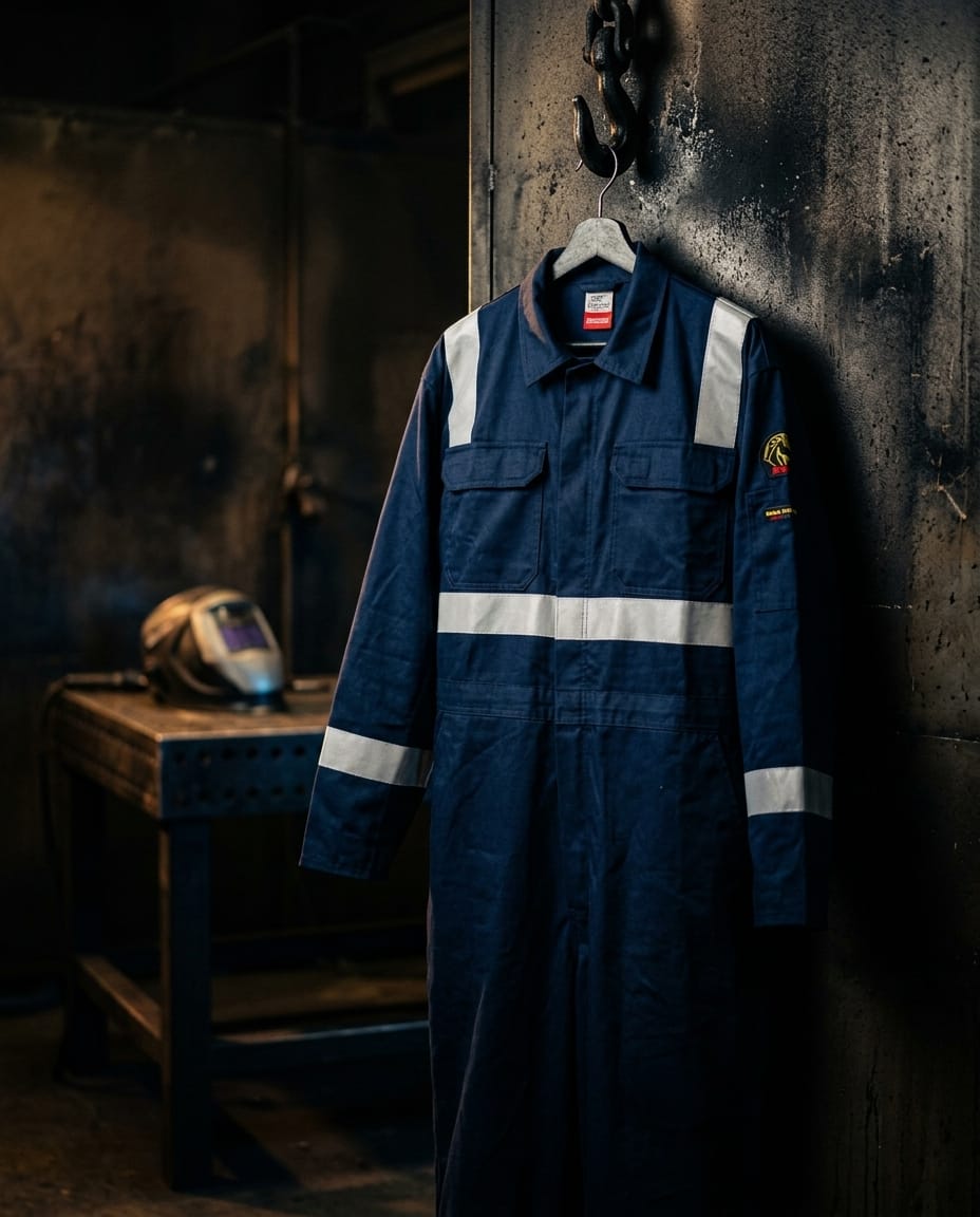 Black Stallion navy blue work coveralls with reflective strips hanging on a hook