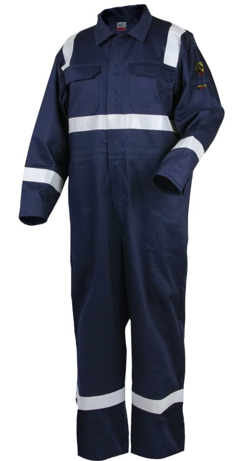 Black Stallion navy blue flame resistant coveralls with reflective safety stripes
