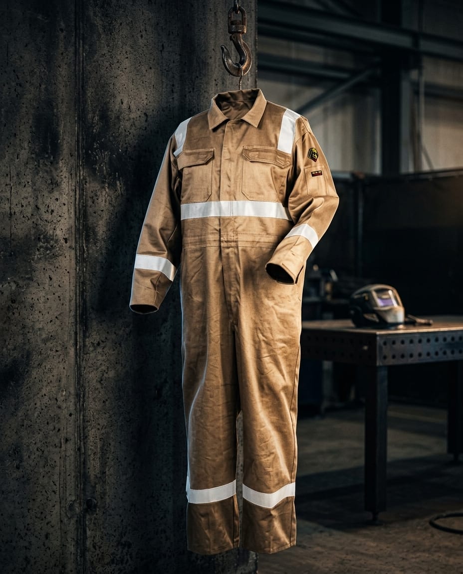 Black Stallion tan coveralls with reflective strips hanging in a workshop
