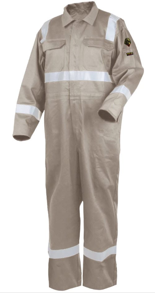 Black Stallion tan flame resistant coveralls with reflective safety stripes