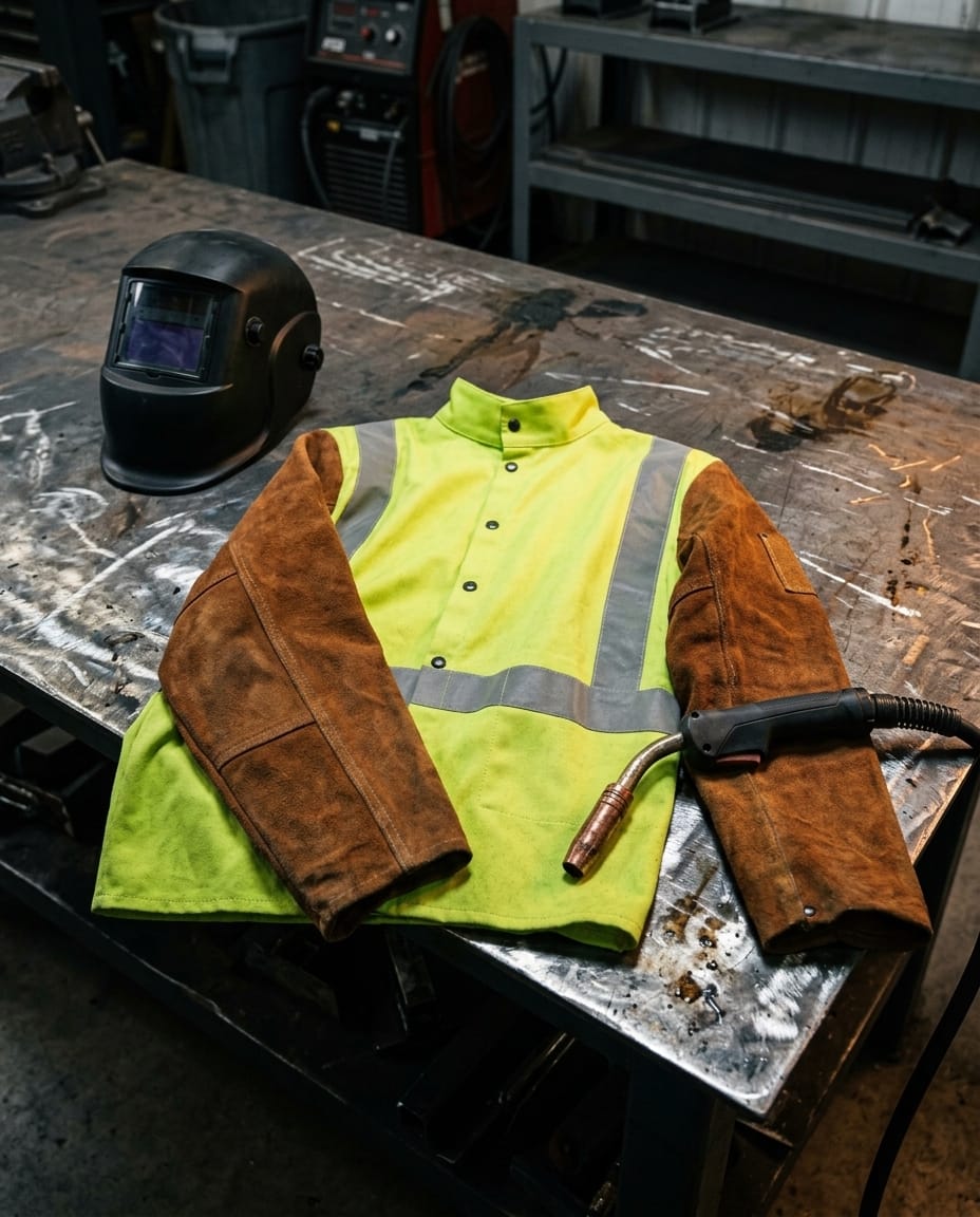 Black Stallion high visibility welding jacket with leather sleeves on a metal workbench with a welding helmet