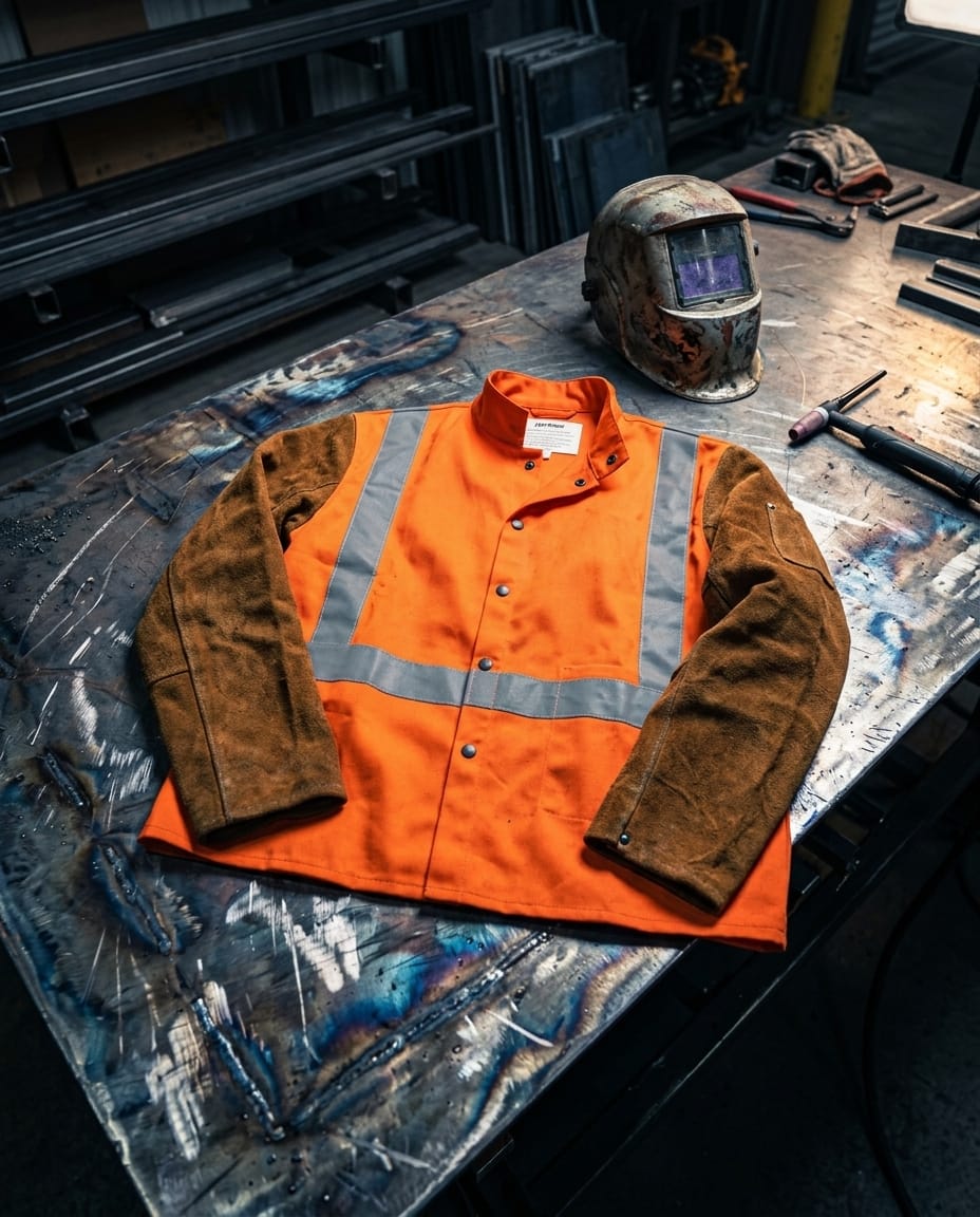 Black Stallion orange high visibility welding jacket with brown leather sleeves on a metal workbench