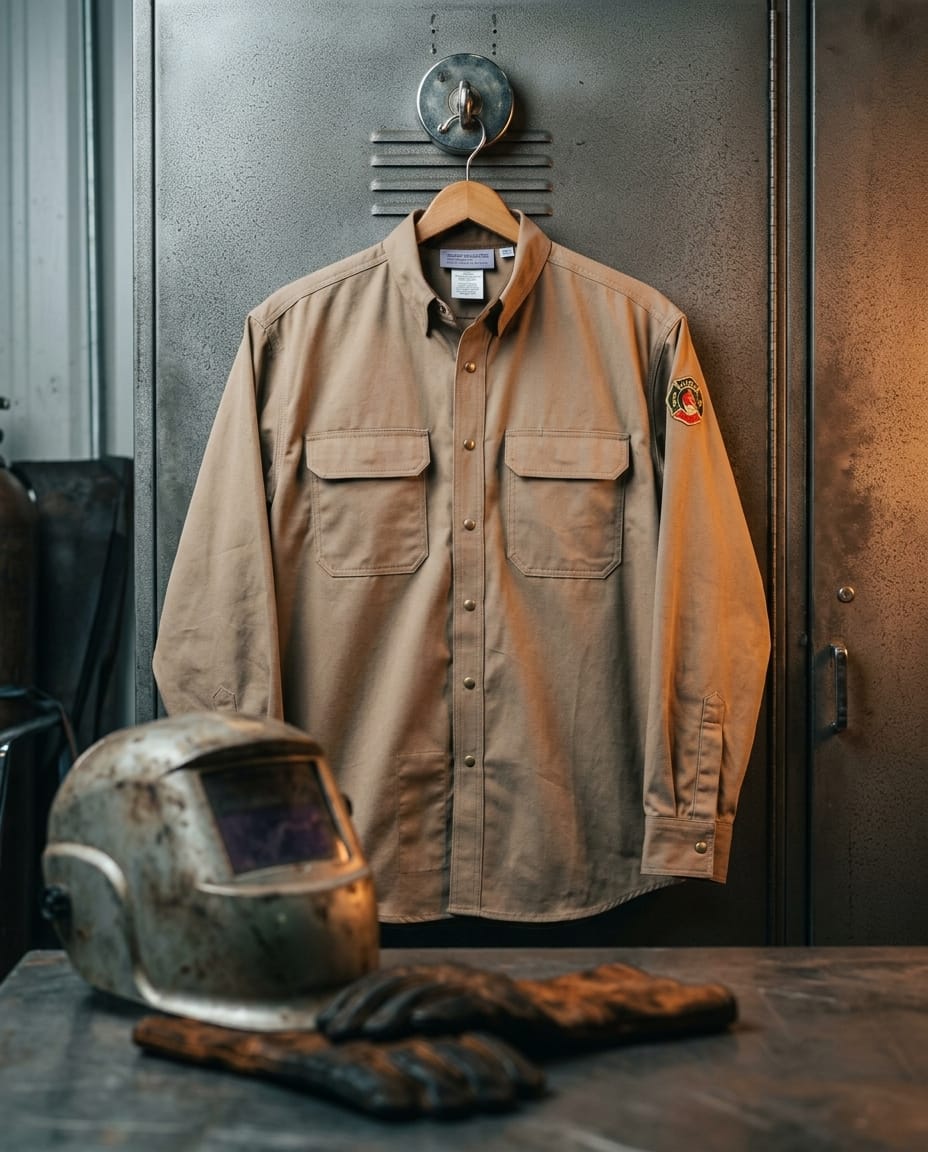 Black Stallion tan long sleeve work shirt with two chest pockets and a patch on the left sleeve