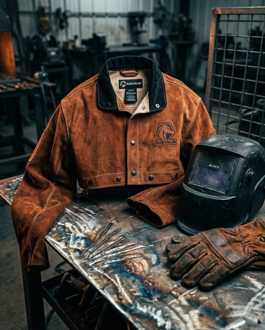 Black Stallion brown leather welding jacket with matching gloves and welding helmet on a workbench