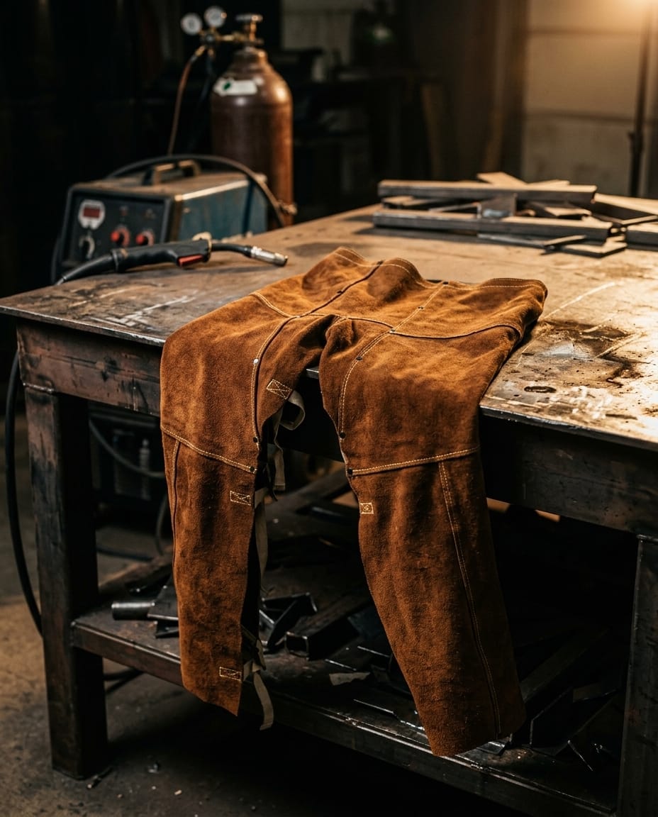 Black Stallion brown leather welding chaps on a metal workbench