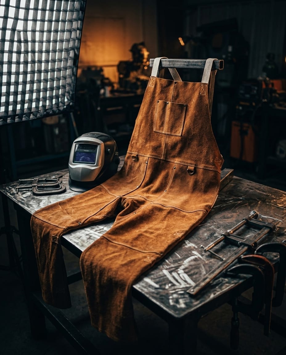 Black Stallion brown leather welding overalls on a workbench with a welding helmet and clamps