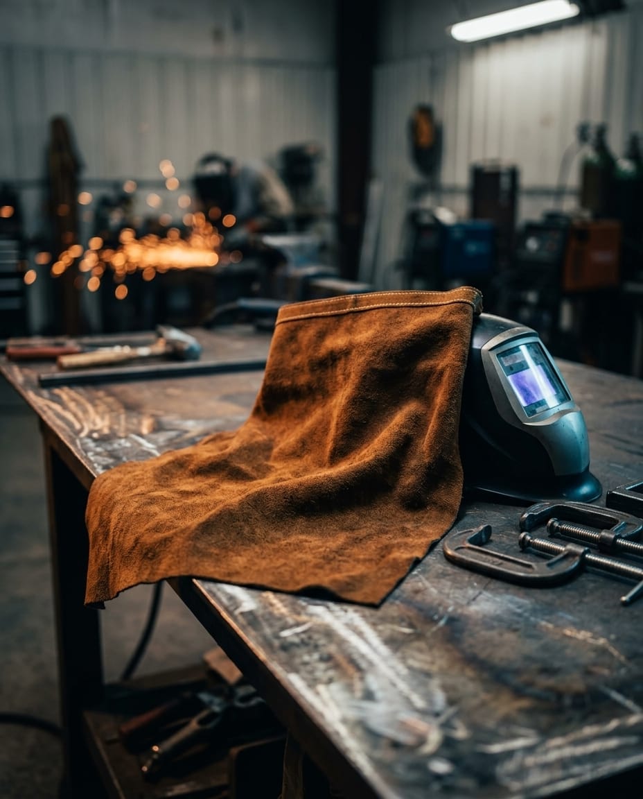 Black Stallion leather welding apron and welding helmet on a workshop table
