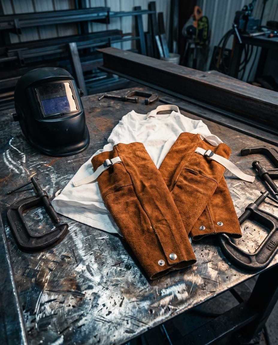 Black Stallion leather welding sleeves and welding helmet on a metal workbench