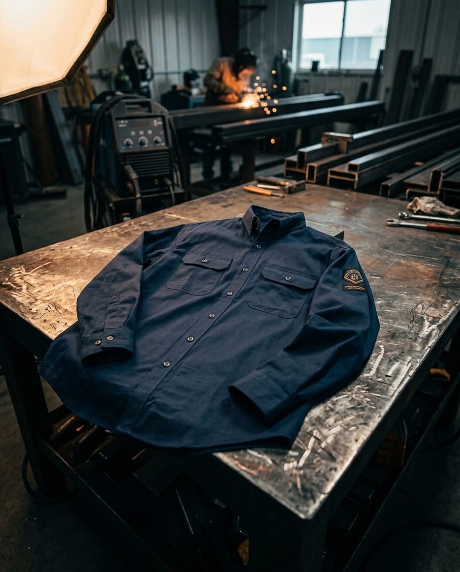 Black Stallion navy blue long sleeve work shirt on a metal workbench in a welding shop