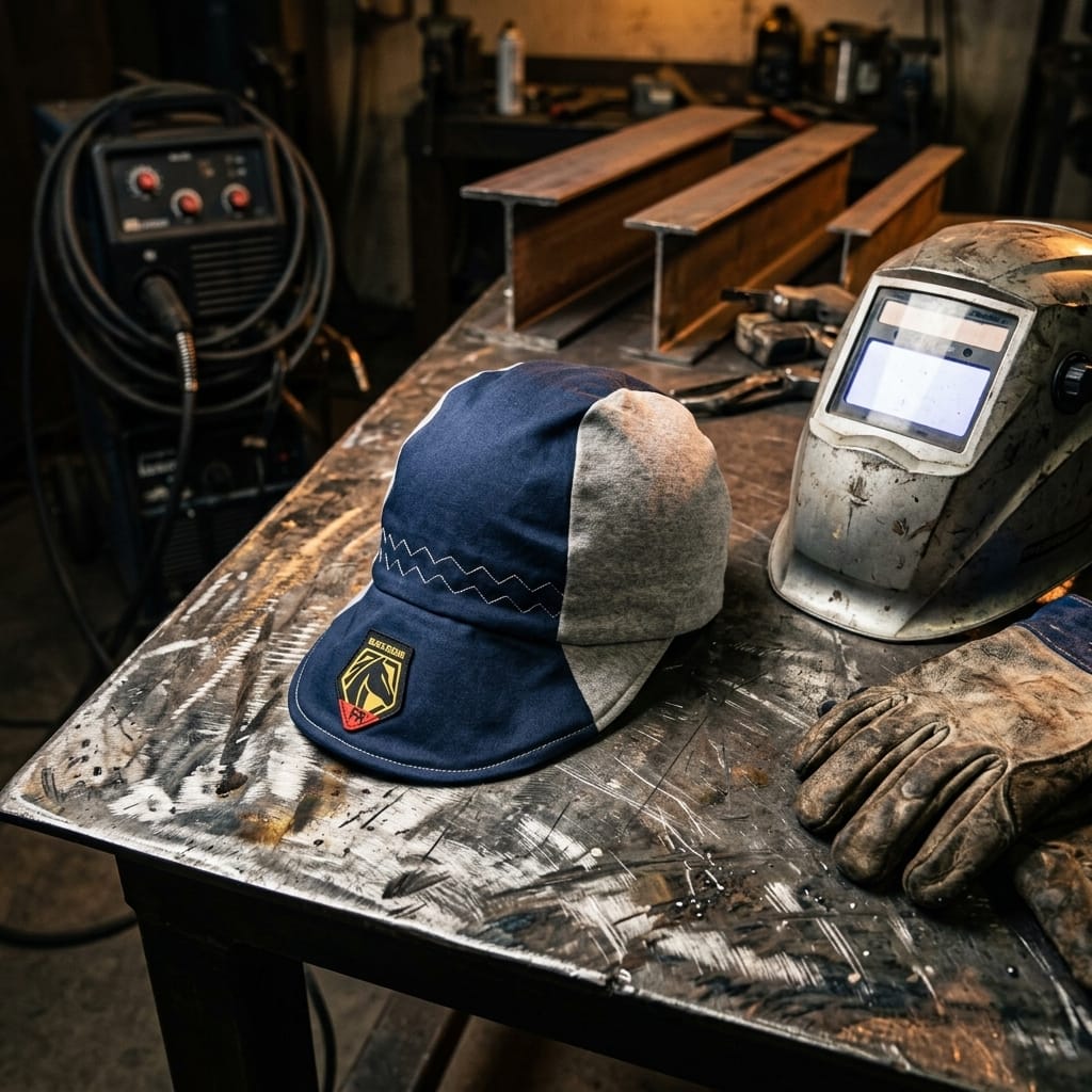 Black Stallion welding cap on a metal workbench next to a welding helmet and leather gloves