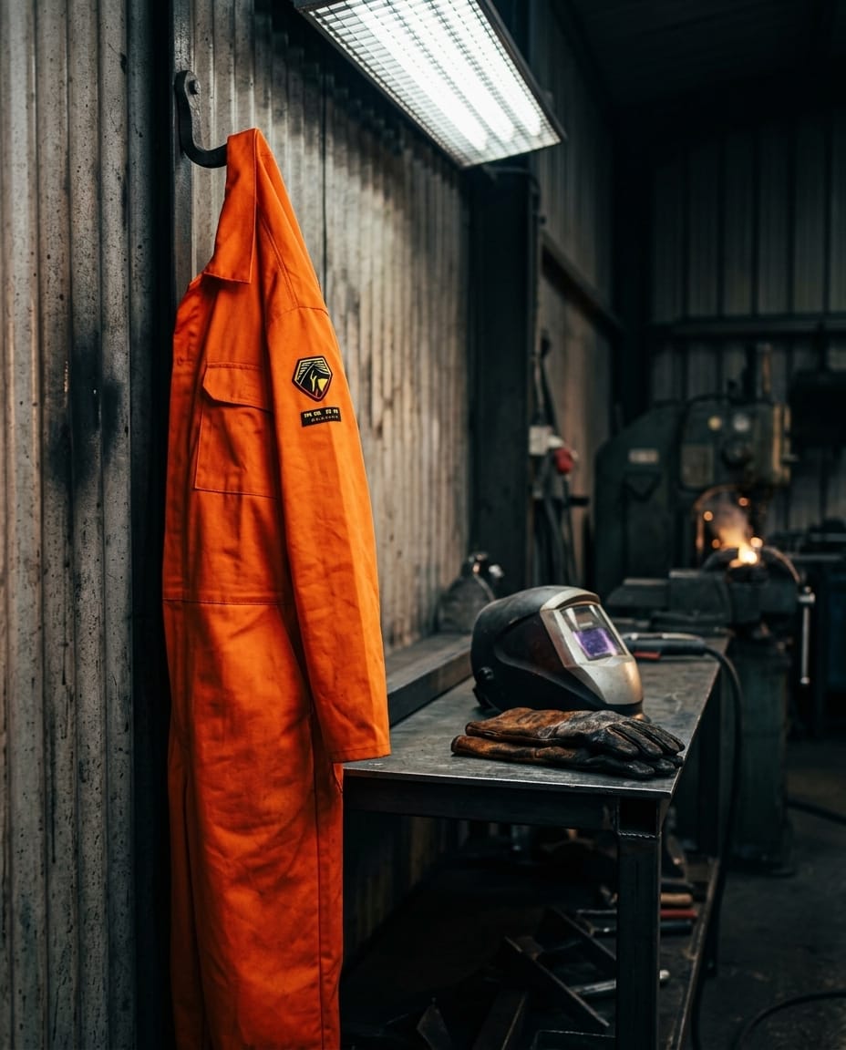 Black Stallion orange coveralls hanging on a hook in a workshop with a welding helmet and gloves on a workbench