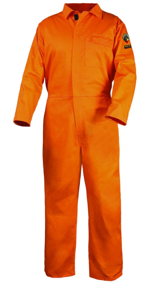 Black Stallion orange flame resistant coveralls with long sleeves and chest pocket