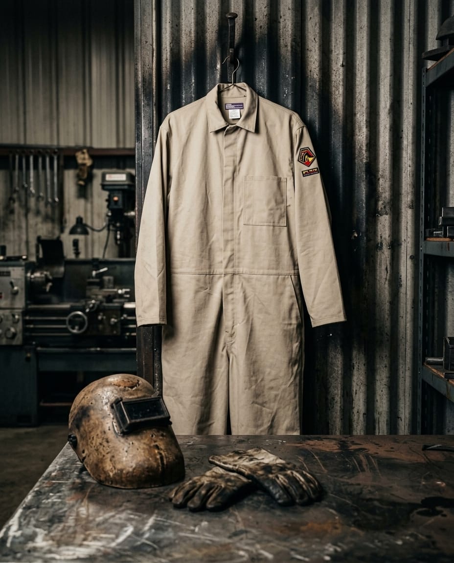 Black Stallion tan coveralls hanging in a workshop with a welding helmet and gloves on a workbench