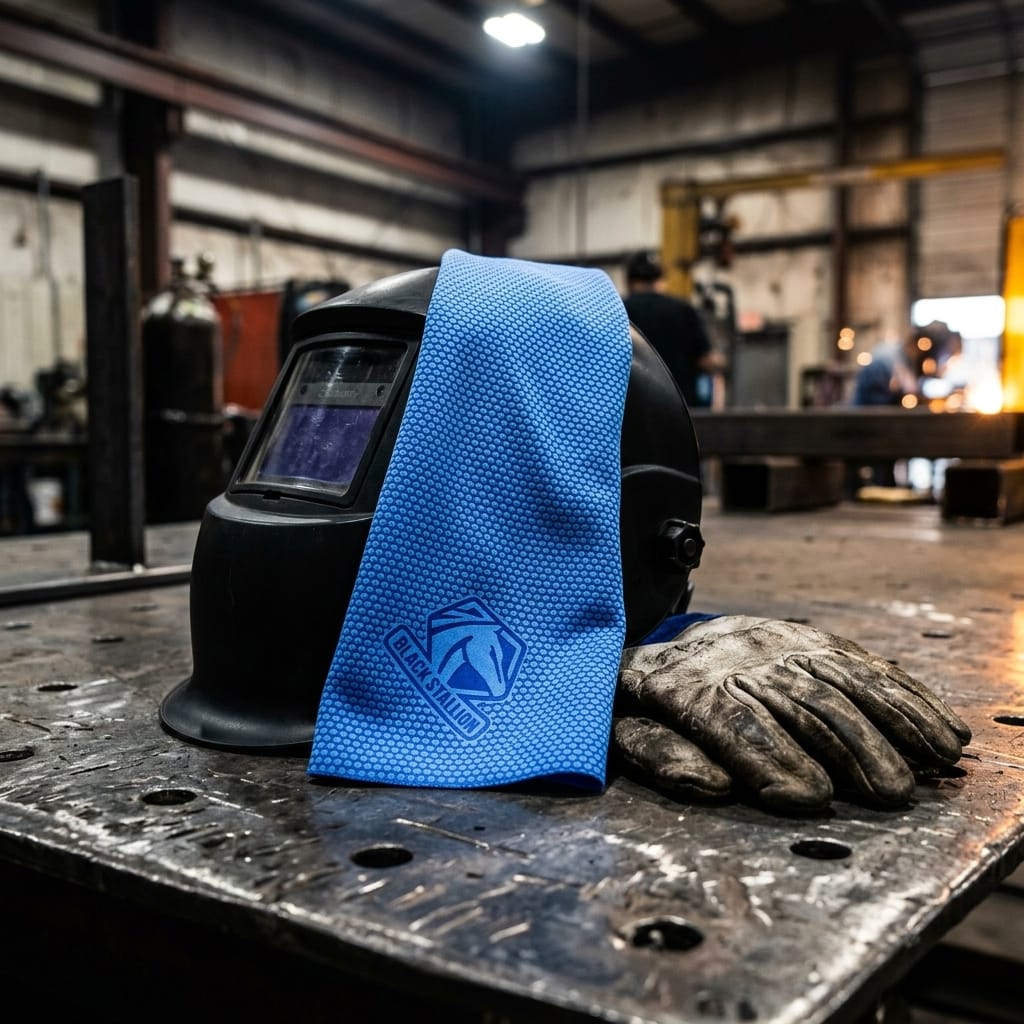 Black Stallion blue cooling towel draped over a welding helmet next to leather gloves on a metal workbench