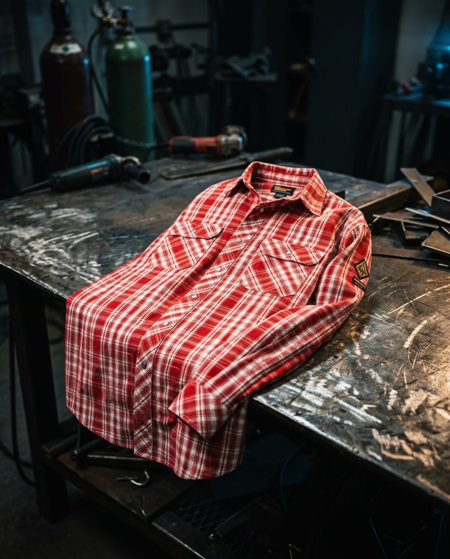 Black Stallion red and white plaid long sleeve work shirt on a metal workbench