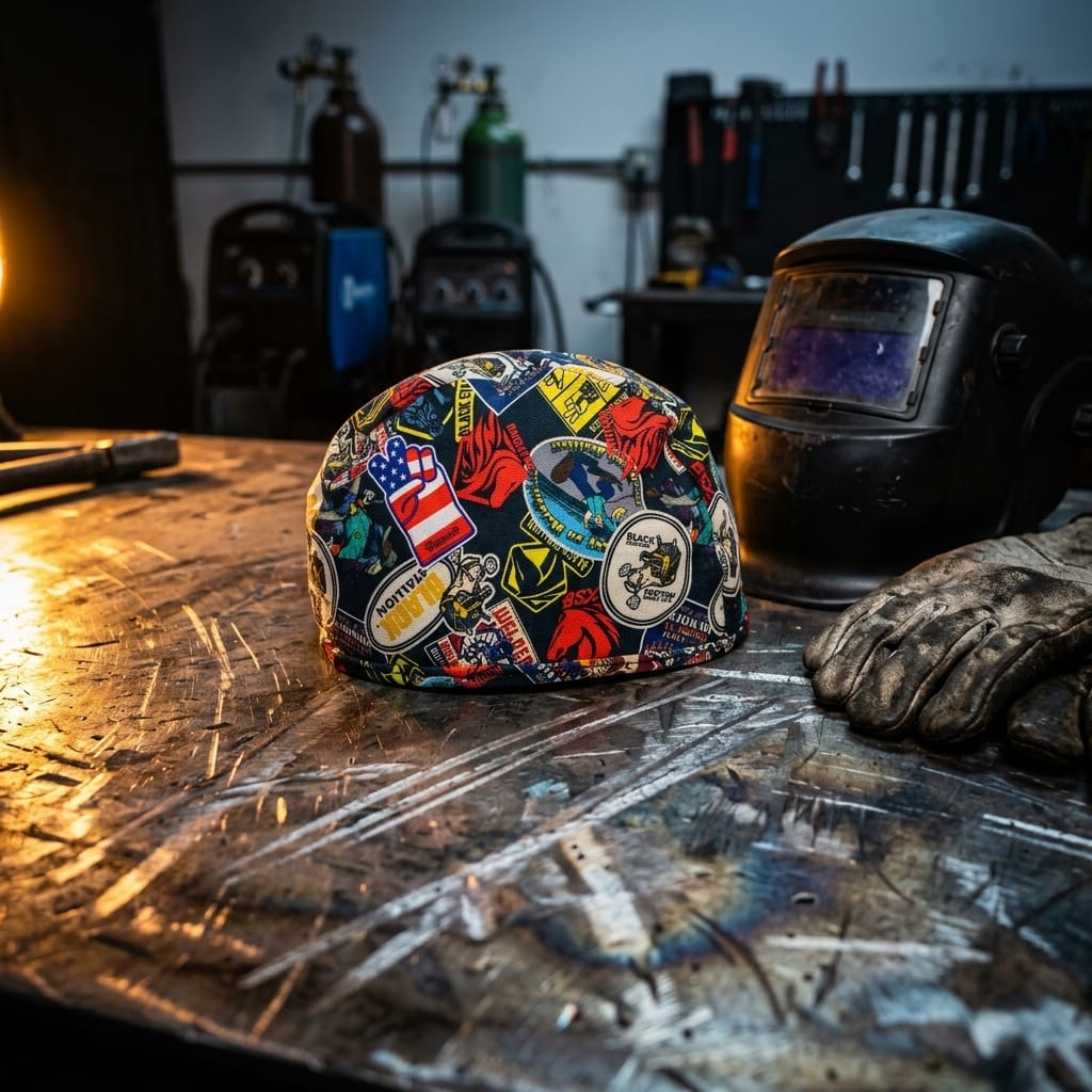 Black Stallion welding cap with sticker pattern on a metal workbench next to a welding helmet and gloves