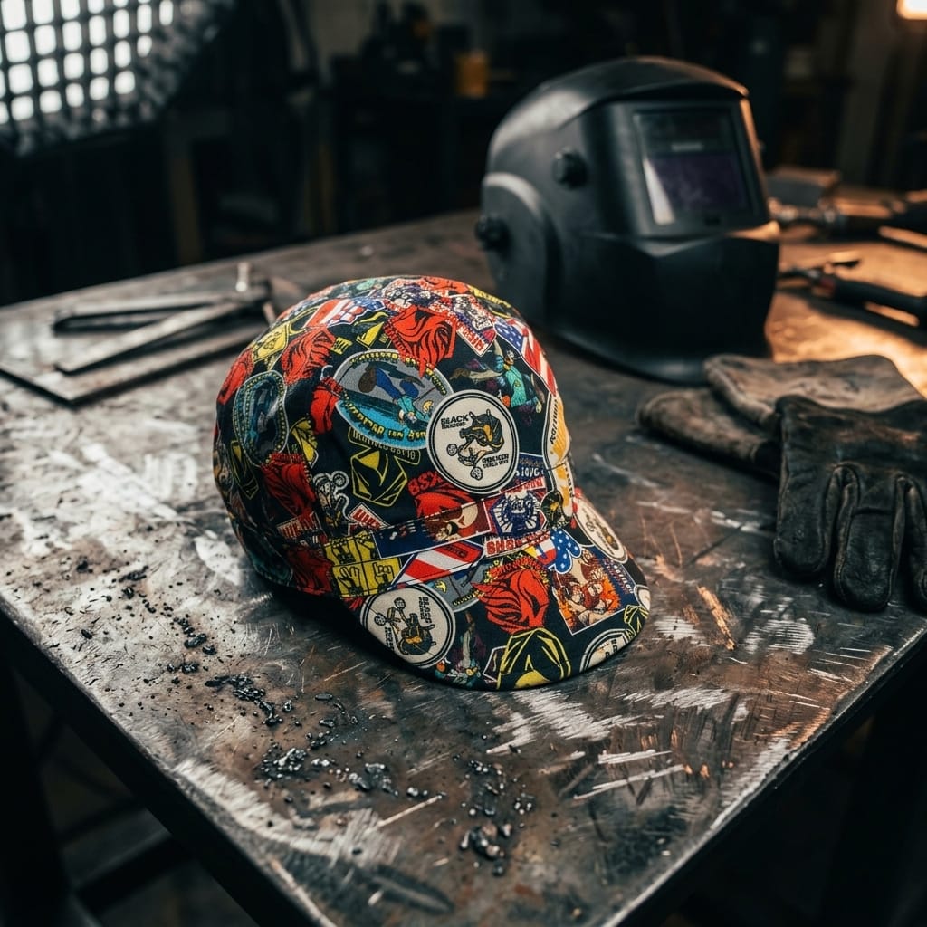 Black Stallion welding cap with multi-colored sticker pattern on a metal workbench with welding gear