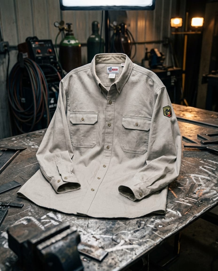 Black Stallion tan long sleeve button down work shirt with two chest pockets on a metal workbench