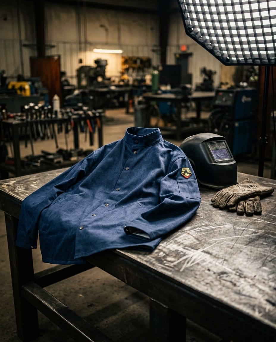Black Stallion blue welding jacket with welding helmet and gloves on a metal workbench