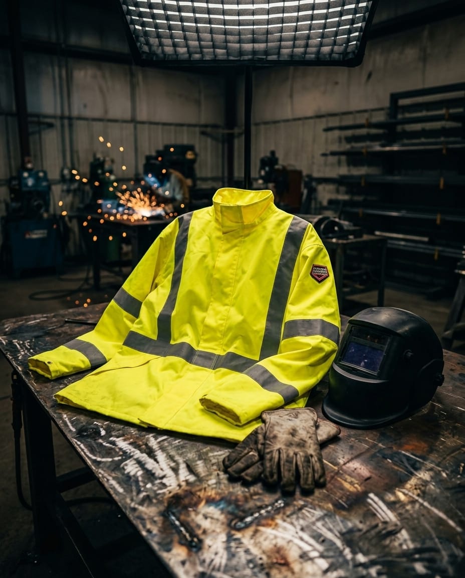 Black Stallion high visibility jacket with reflective strips next to welding helmet and leather gloves on workbench