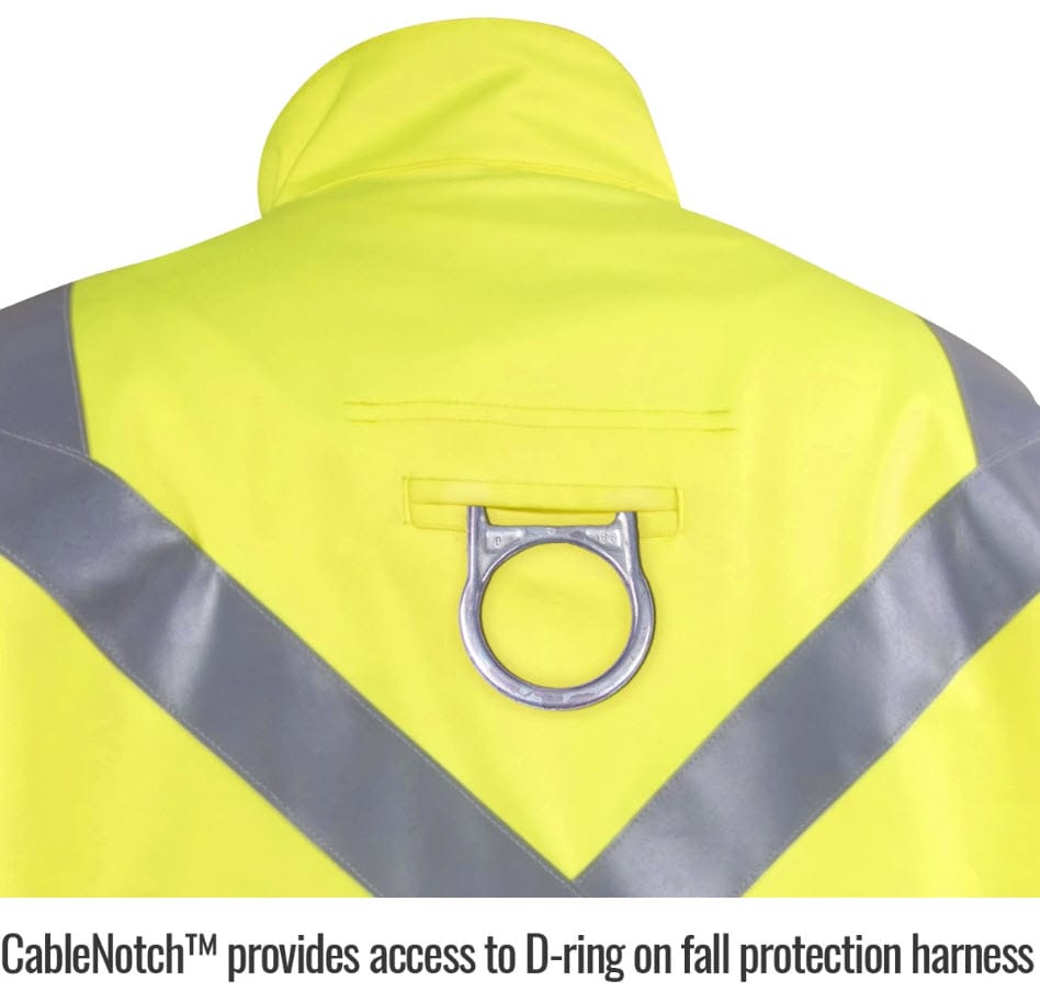 Black Stallion high visibility jacket back view showing harness access slot with D-ring