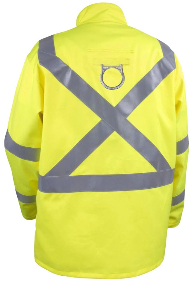 Black Stallion high visibility yellow safety jacket with reflective X pattern and harness pass through on back