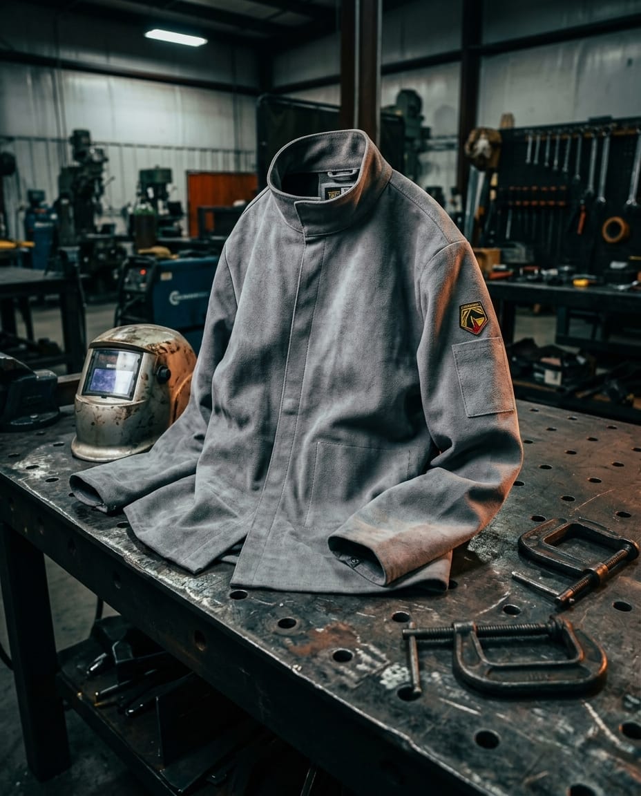 Black Stallion grey suede welding jacket on a metal workbench with a welding helmet