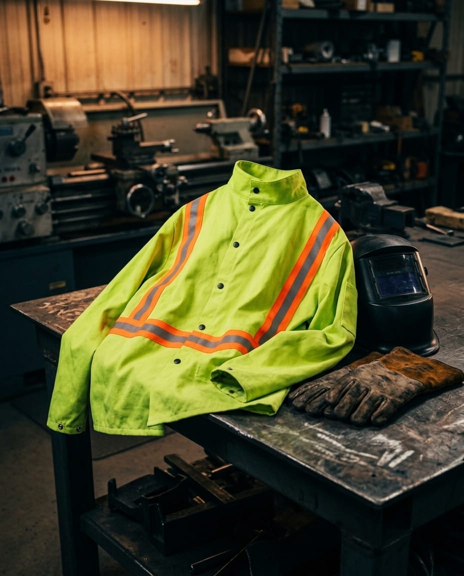 Black Stallion high visibility welding jacket with reflective strips on a workshop table with welding gear