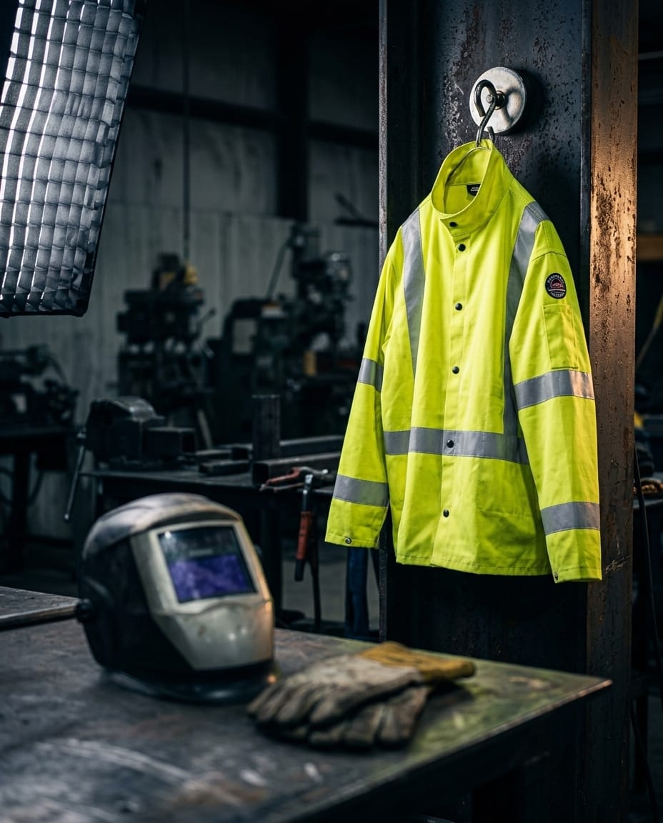 Black Stallion high visibility safety jacket hanging on a metal beam in a workshop