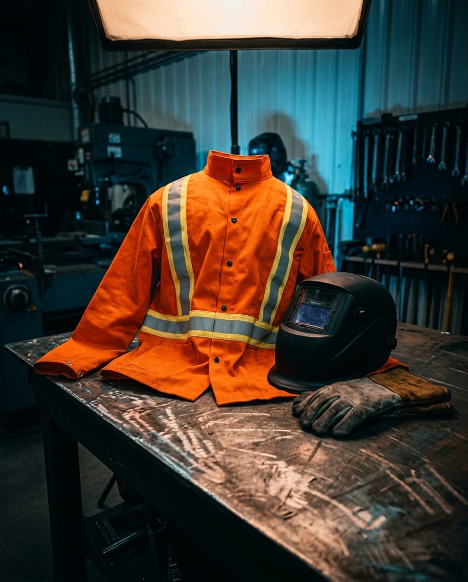 Black Stallion orange high visibility welding jacket with reflective stripes welding helmet and gloves on workbench