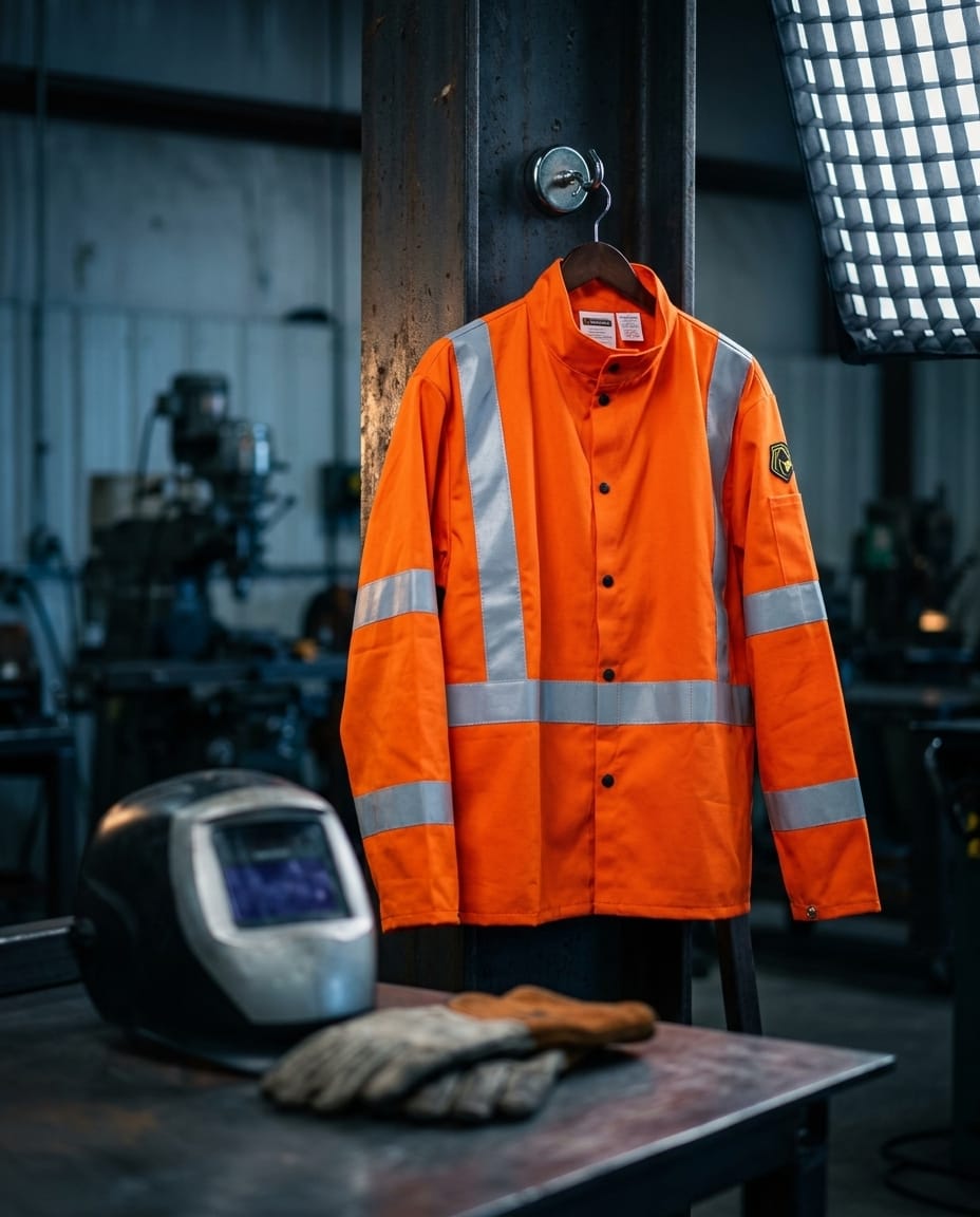 Black Stallion high visibility orange welding jacket with reflective strips hanging in a workshop