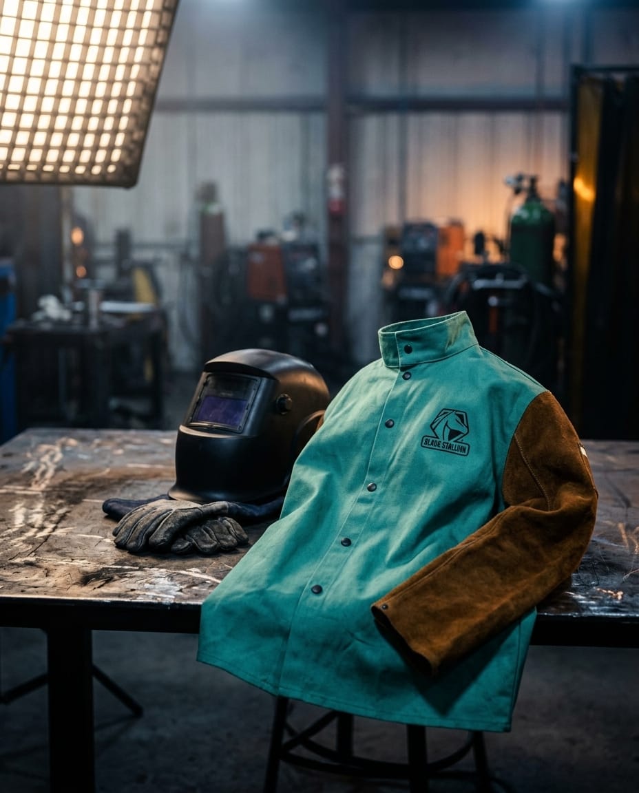 Black Stallion welding jacket with leather sleeves next to a welding helmet and gloves on a workshop table