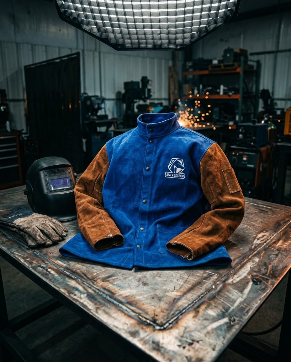 Black Stallion blue and brown leather welding jacket on a metal workbench with welding helmet and gloves