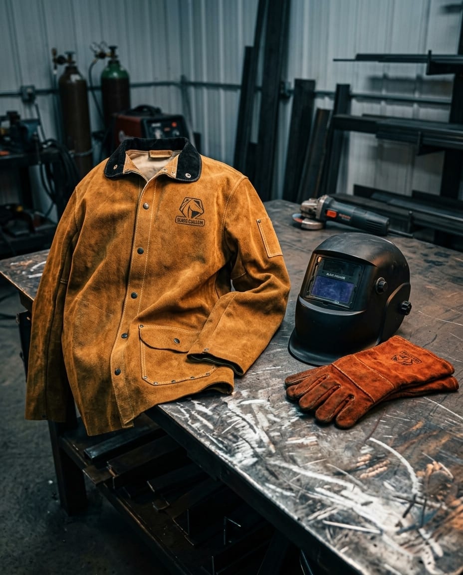 Black Stallion leather welding jacket with welding helmet and gloves on a metal workbench