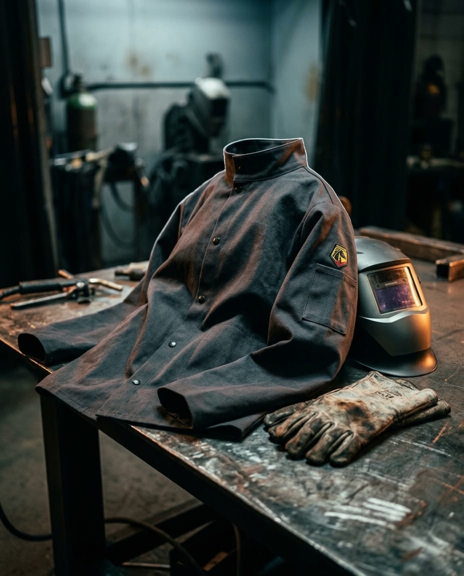 Black Stallion welding jacket with welding helmet and gloves on a metal workbench