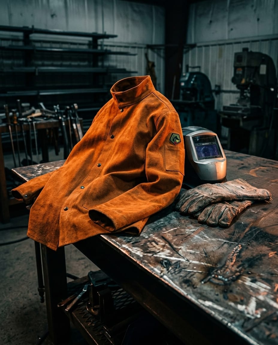Black Stallion tan leather welding jacket with welding helmet and gloves on a metal workbench